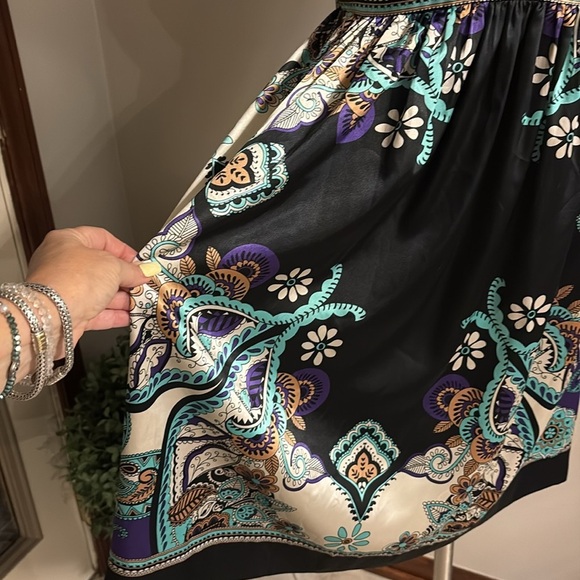 I.C.E Blue and Black Plunge V Neck back satin paisley Sleeveless Dress belted 10 - Picture 5 of 14